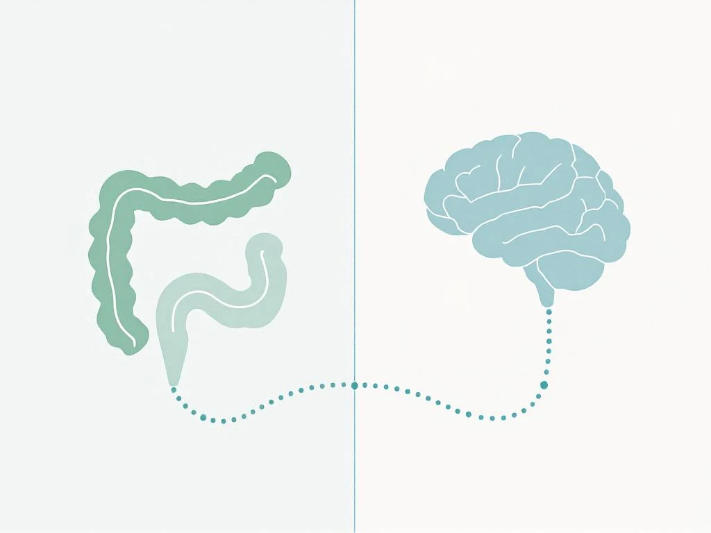 Minimalistisch diagram van darm-hersenas met groene darmkrommen en blauwe hersencontouren verbonden door stippen