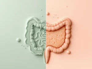 Gezonde darmvlokken in groen tegenover geïrriteerde huid in koraal, verbonden door lijnen die darm-huid relatie tonen