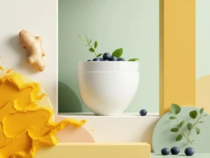 Witte keramische kom met kurkuma, gember, bladgroenten en bosbessen op saliegroen achtergrond voor darmgezondheid