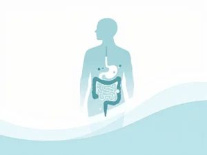 Menselijk spijsverteringssysteem silhouet in zachte kleuren met geometrische elementen die heilzame bacteriën voorstellen