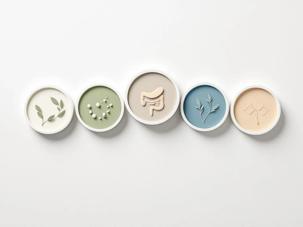 Vijf geometrische cirkels in boog met darmsymbolen, probiotica en vezels in groene en blauwe tinten op witte achtergrond