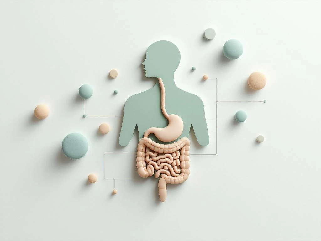 Gestileerde spijsverteringssysteem silhouet in zachte groentinten met geometrische elementen die gezonde darmflora voorstellen