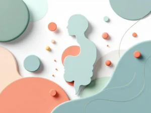 Gestileerd spijsverteringssysteem in zachte kleuren met abstracte vormen die gezonde darmbacteriën voorstellen