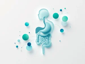 Doorschijnend spijsverteringssysteem in zachtblauw met geometrische elementen die darmbacteriën en gezondheid voorstellen