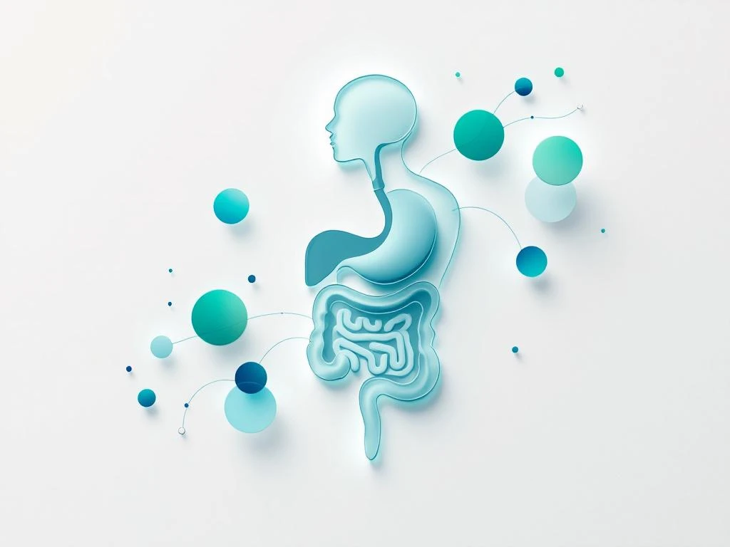 Doorschijnend spijsverteringssysteem in zachtblauw met geometrische elementen die darmbacteriën en gezondheid voorstellen