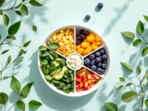 Witte keramische kom met kleurrijke darmgezonde voeding: groene bladgroenten, gefermenteerde producten en paarse bessen