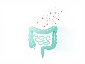 Medische illustratie van darmwand met perforaties die darmpermeabiliteit toont, met zwevende moleculen in zachte kleuren.