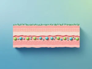 Dwarsdoorsnede van het menselijk spijsverteringsstelsel met gezonde darmbacteriën in minimalistische medische illustratie