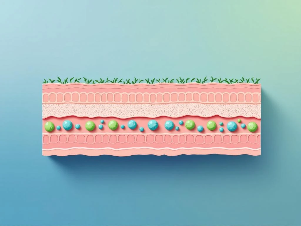 Dwarsdoorsnede van het menselijk spijsverteringsstelsel met gezonde darmbacteriën in minimalistische medische illustratie