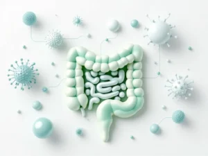 3D illustratie van darmstelsel in zachte groene tinten verbonden met immuunsysteemcellen in blauw-witte sferen op witte achtergrond