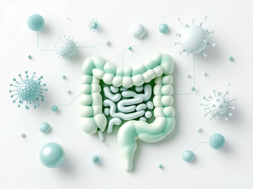3D illustratie van darmstelsel in zachte groene tinten verbonden met immuunsysteemcellen in blauw-witte sferen op witte achtergrond