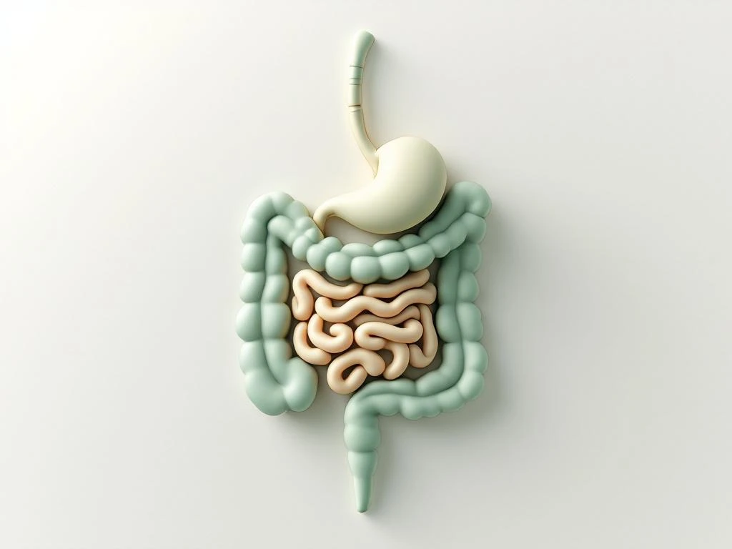 Gestileerd spijsverteringssysteem in zachte groene tinten met geometrische vormen op witte achtergrond voor darmgezondheid