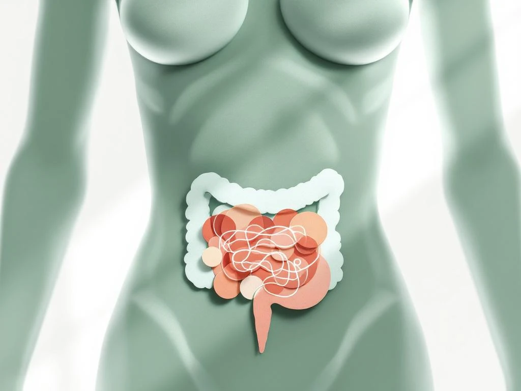 Menselijk torso silhouet in zachte kleuren met geometrische vormen die spijsvertering illustreren, medische infographic