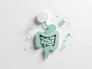 Minimalistische medische illustratie van spijsverteringssysteem in zachte groentinten met beschermende geometrische elementen