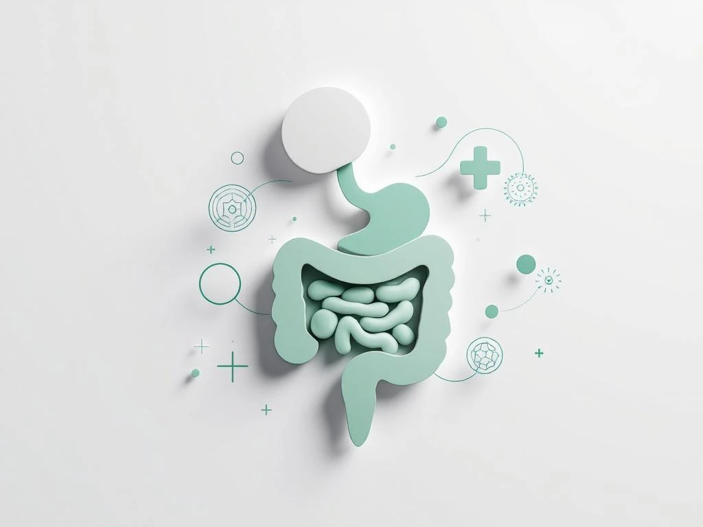 Minimalistische medische illustratie van spijsverteringssysteem in zachte groentinten met beschermende geometrische elementen