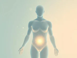 Menselijk torso silhouet met gouden gloed in buikstreek, geometrische lijnen en cirkels voor emotionele blokkades genezing