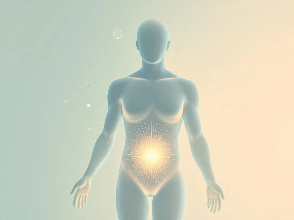 Menselijk torso silhouet met gouden gloed in buikstreek, geometrische lijnen en cirkels voor emotionele blokkades genezing