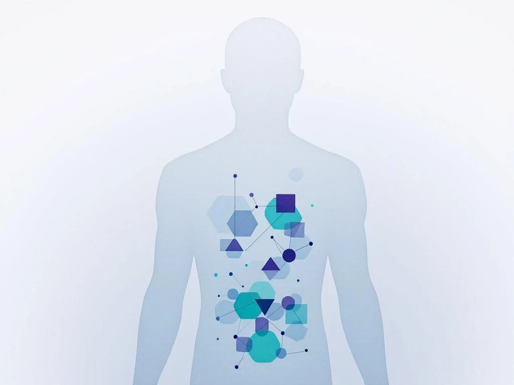 Menselijk torso silhouet in blauwgrijs met paarse en groene geometrische vormen die emotionele spanningspunten weergeven