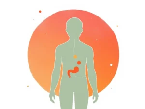 Menselijk torso silhouet in zachte groentint met geometrische vormen rond maag en borst die emoties voorstellen