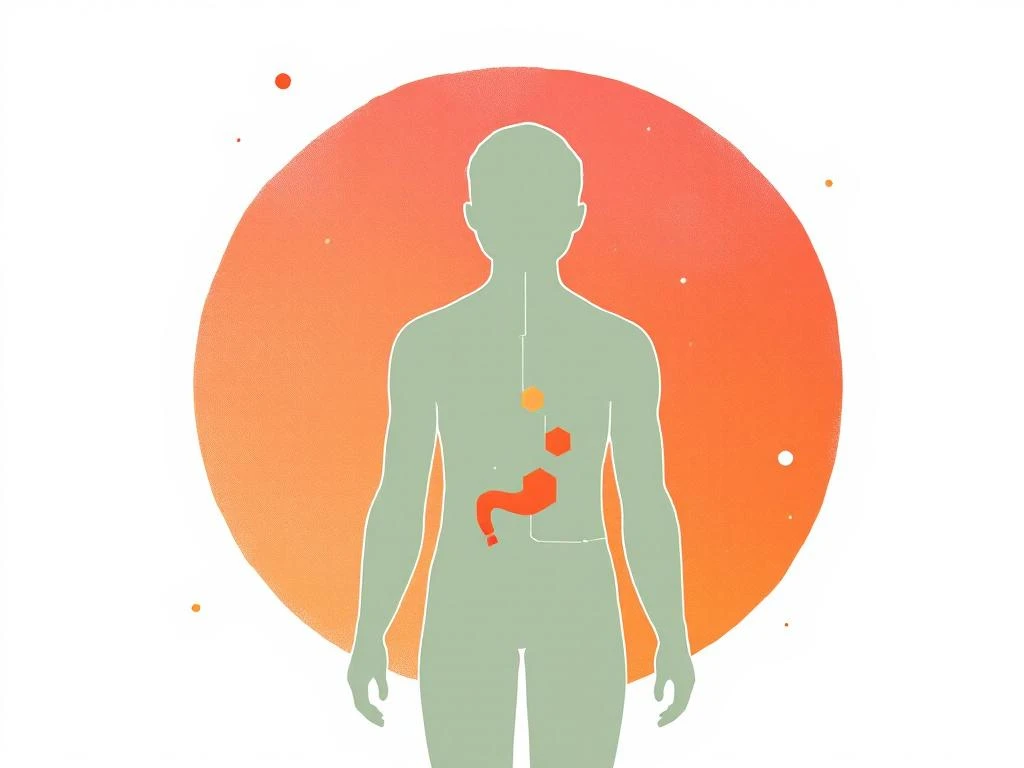 Menselijk torso silhouet in zachte groentint met geometrische vormen rond maag en borst die emoties voorstellen