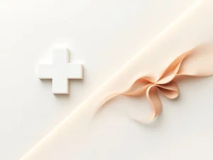 Minimalistische diagonale compositie met medisch kruis en wellness symbool in groene en terracotta tinten