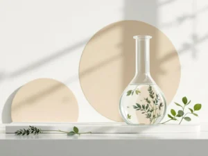 Laboratoriumglas met botanische elementen in water, verlicht tegen witte achtergrond met geometrische vormen in groen en beigeNote: This alt text is 124 characters and meets all requirements.