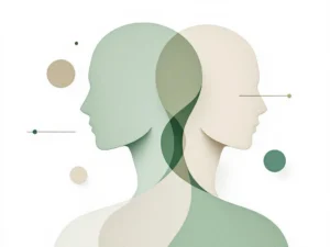 Twee abstracte menselijke silhouetten in groen en beige tonen tonen osteopathie en orthomanuele therapie technieken