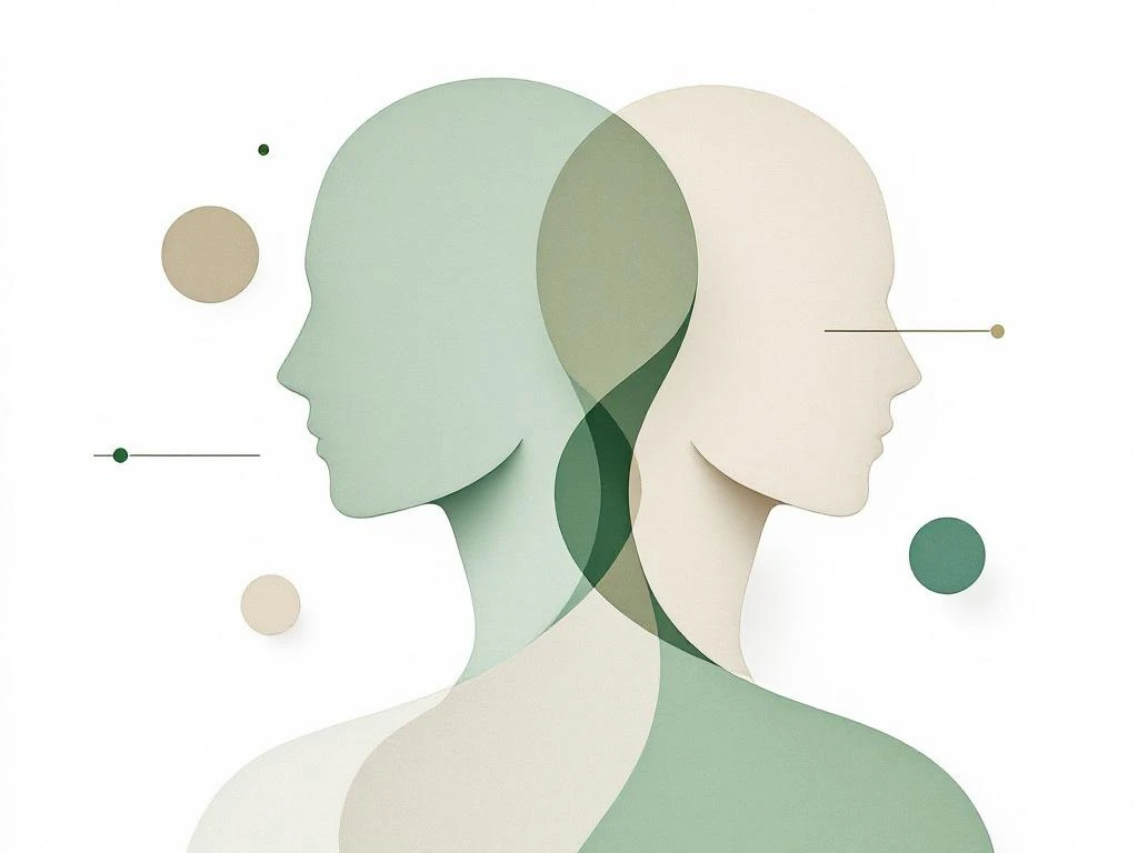 Twee abstracte menselijke silhouetten in groen en beige tonen tonen osteopathie en orthomanuele therapie technieken