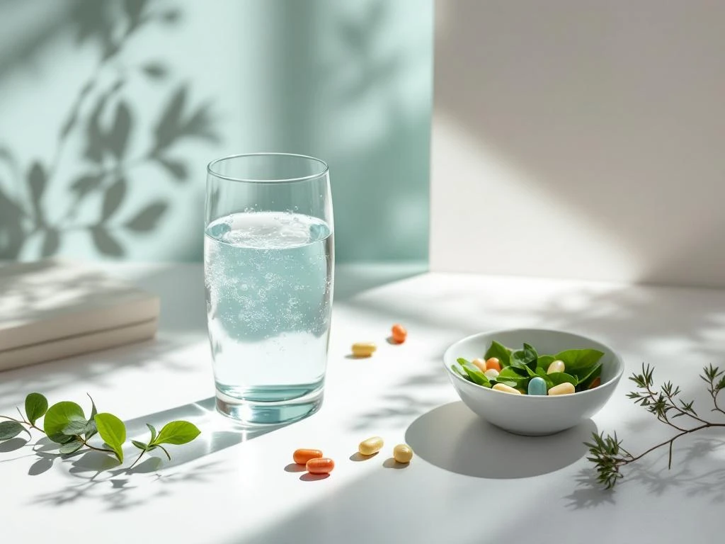 Glas water met bubbels naast witte kom met groene bladgroenten en probiotica capsules op witte ondergrond