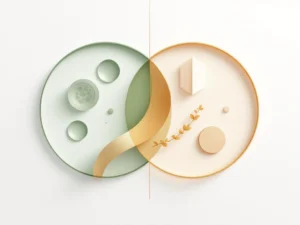 Geometrische illustratie van probiotische bacteriën en prebiotische vezels gescheiden door diagonale lijn op witte achtergrond