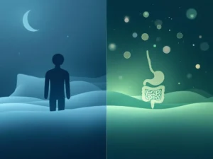 Slapende persoon silhouet en spijsverteringssysteem verbonden door geometrische lijnen, illustreert slaap-darm connectie