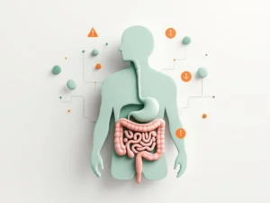 3D illustratie van menselijk spijsverteringsstelsel in groen met oranje waarschuwingssymbolen voor digestieve problemen
