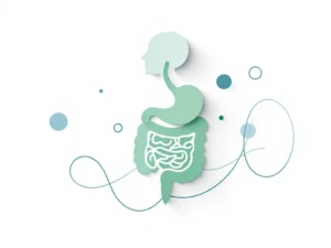 Gestileerd spijsverteringssysteem in zachte groentinten met zeven blauwe cirkels voor 7-daagse gezondheidsbehandeling