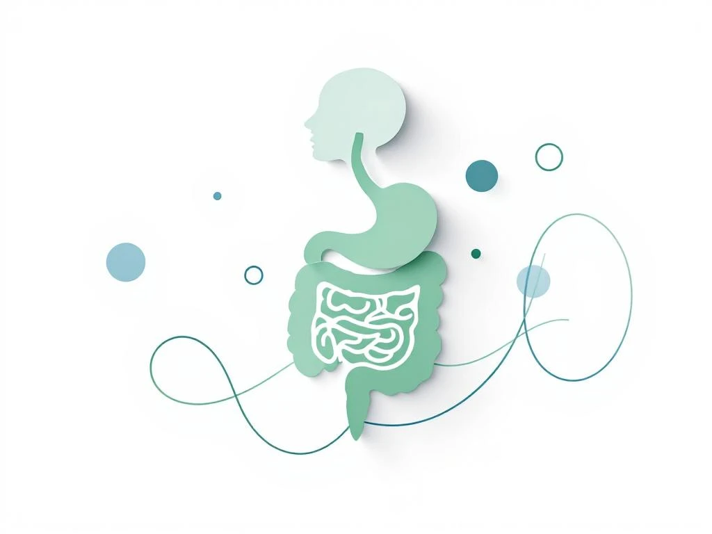 Gestileerd spijsverteringssysteem in zachte groentinten met zeven blauwe cirkels voor 7-daagse gezondheidsbehandeling
