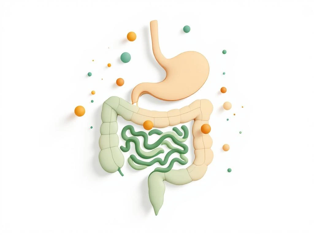 Minimalistisch dwarsdoorsnede menselijk spijsverteringsstelsel met darmkanaal in zachtgroen en zwevende enzymmoleculen