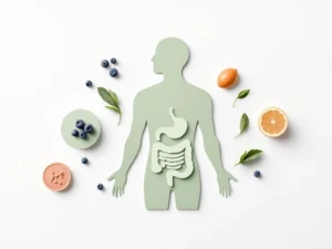 Menselijk spijsverteringssysteem silhouet in groen omringd door geometrische vormen van darmgezonde voeding op witte achtergrond