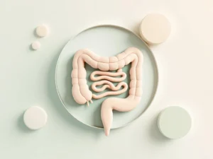 Abstracte geometrische darmen in zachte groene en beige tinten op witte achtergrond voor spijsverteringsgezondheidszorg