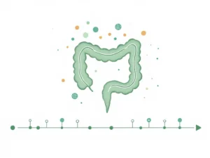 Gestileerd spijsverteringssysteem in zachte groentinten met zwevende cirkels die gunstige bacteriën voorstellen op witte achtergrond