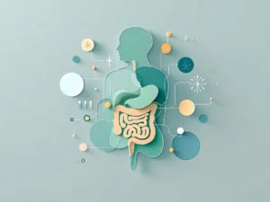 Gestileerd spijsverteringssysteem in zachte kleuren met geometrische elementen die darmgezondheid en microbioom voorstellen