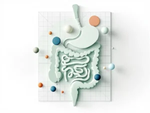 Gestileerd spijsverteringssysteem in zachte groentinten met geometrische elementen die gezonde darmbalans voorstellen