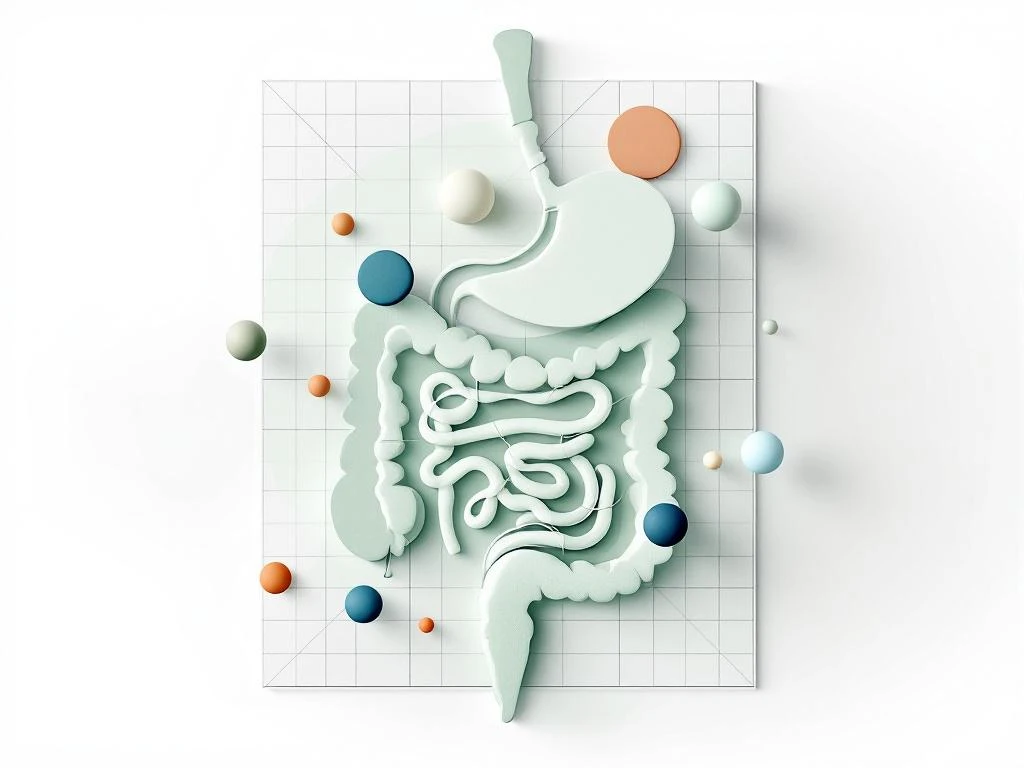 Gestileerd spijsverteringssysteem in zachte groentinten met geometrische elementen die gezonde darmbalans voorstellen