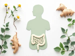 Gestileerd spijsverteringssysteem in zachte groentinten omringd door kamille, gember en pepermunt op witte achtergrond