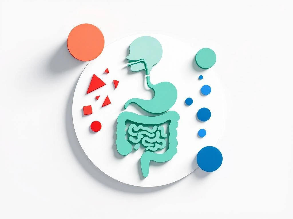 Gestileerd spijsverteringskanaal in groen met rode stresssymbolen die overgaan in blauwe cirkels voor darmgezondheid
