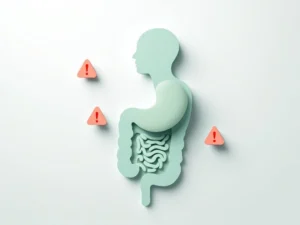 Gestileerd spijsverteringssysteem in zachte groentinten met geometrische waarschuwingssymbolen voor medische symptomen