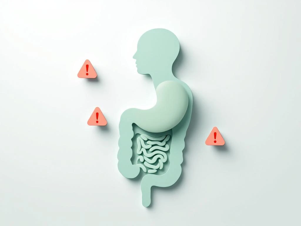 Gestileerd spijsverteringssysteem in zachte groentinten met geometrische waarschuwingssymbolen voor medische symptomen