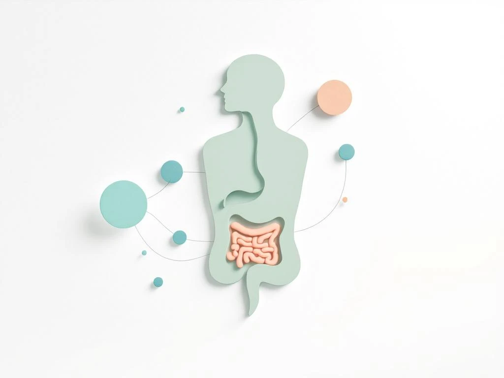 Gestileerd spijsverteringssysteem in zachte groentinten met geometrische elementen die darmbalans en gezonde bacteriën voorstellen