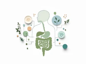 Gestileerd spijsverteringssysteem in zachte groentinten met geometrische elementen die gunstige bacteriën en voedingsstoffen voorstellen