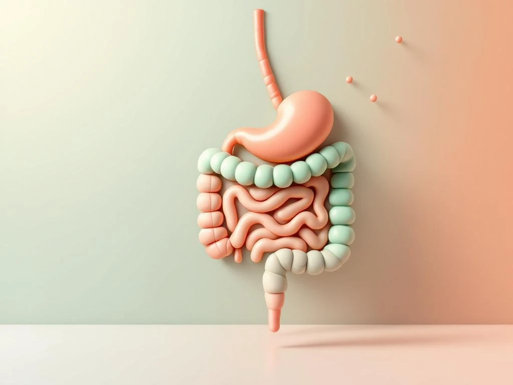 3D doorsnede van het menselijk spijsverteringssysteem in geometrische vormen met groene en teal tinten op gradient achtergrond