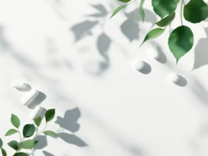 Supplementcapsules en tabletten geometrisch gerangschikt op witte ondergrond met zachte belichting en botanische elementen