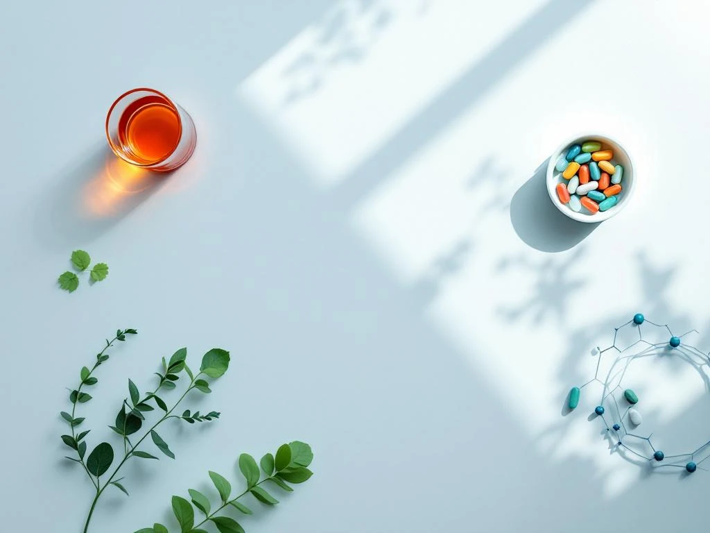 Medisch consult bureau met voedingssupplementen, groene groenten, vitamines en moleculaire diagrammen in minimalistische opstelling